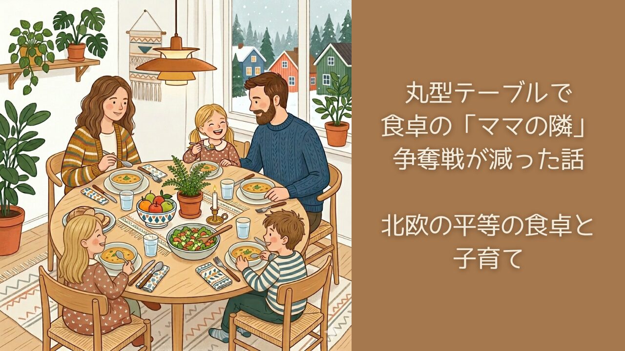 家族で丸テーブルを囲んで笑顔で食事