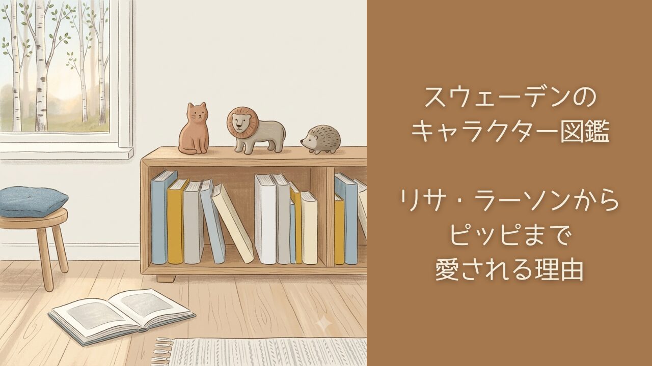 スウェーデンの窓辺の読書コーナー。絵本が並ぶ木の本棚と、素朴な陶器の動物の置きもののイラスト