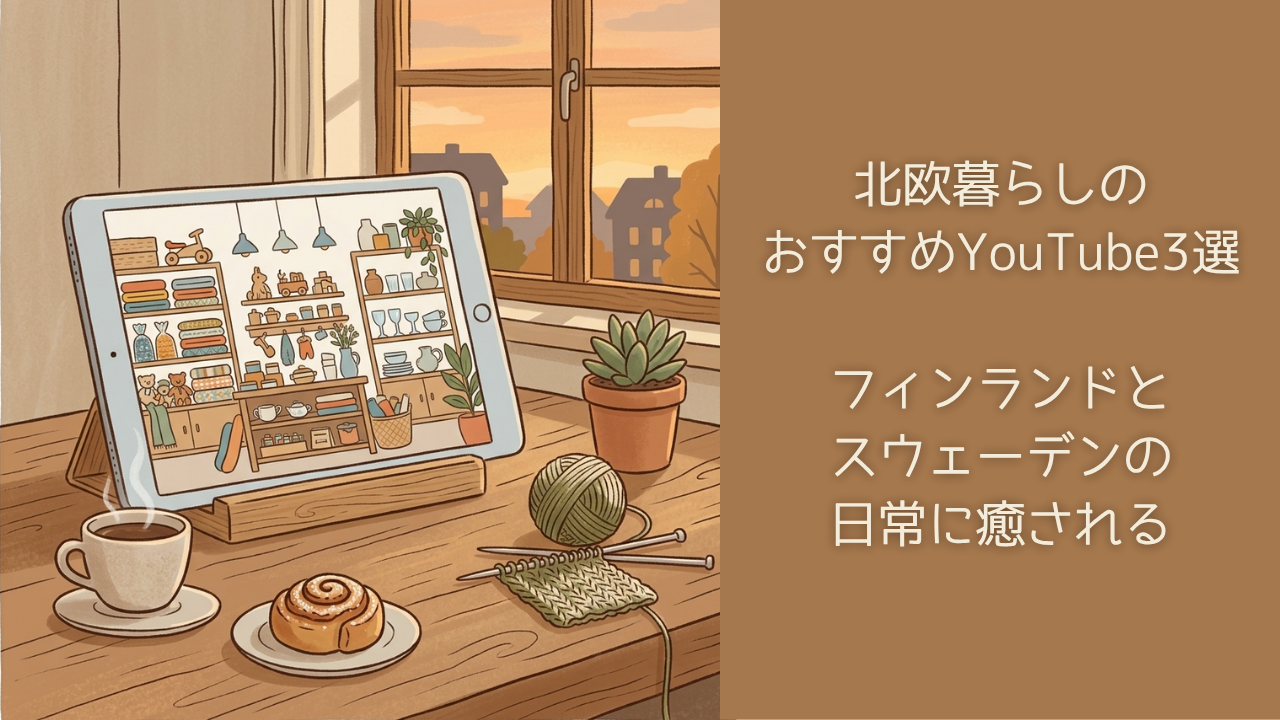 コーヒーとシナモンロールを横に、タブレットで北欧の風景を眺める夕方のテーブルのイラスト