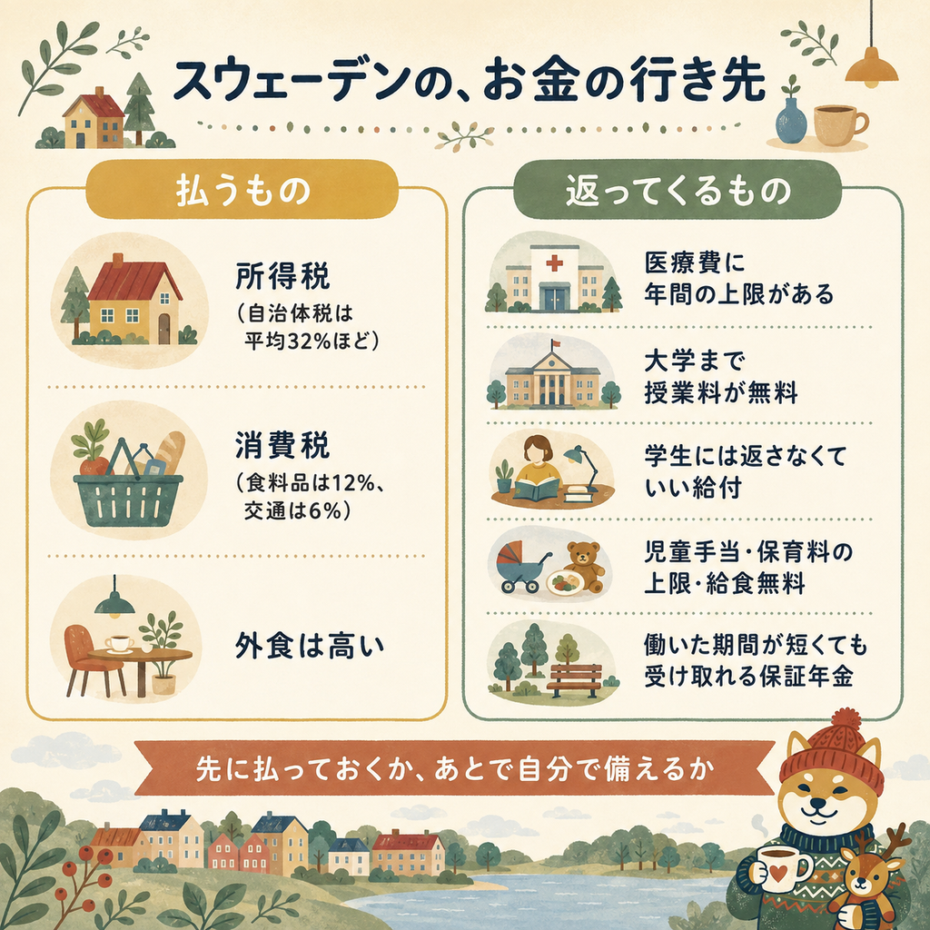 スウェーデンの税金と社会保障の図解。払うもの（所得税・消費税）と返ってくるもの（医療費の上限・教育無償・年金）の対比